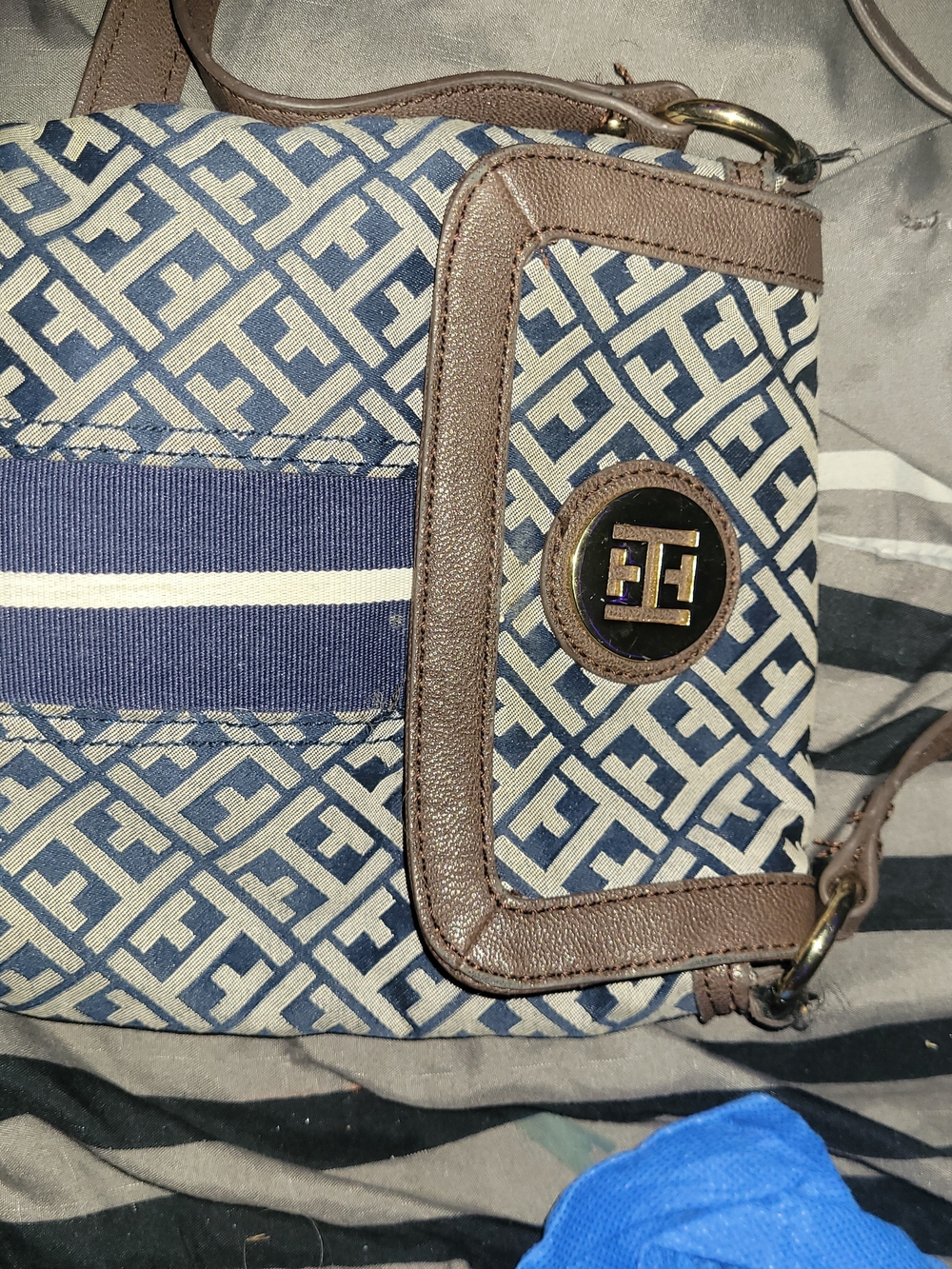 Tommy Hilfiger Navy and Brown Logo Canvas Crossbody